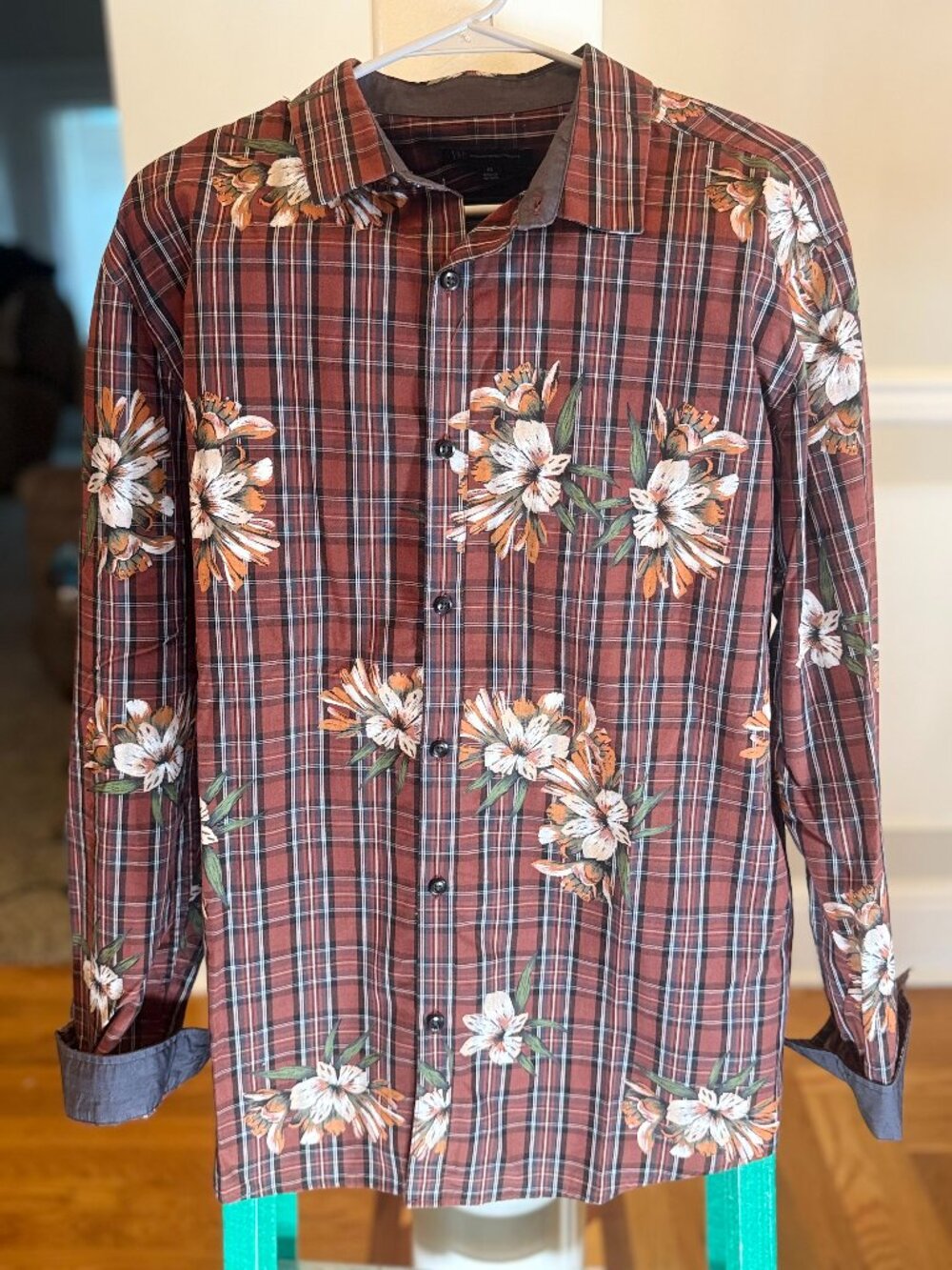 International Concepts Maroon Plaid Floral Button Dress Shirt Men's XL like new!